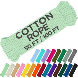 TECEUM Cotton Rope 3/16” (5 mm) – 50 FT – Strong All-Purpose Braided Rope – Natural Cotton – for Crafting, Сamping, Clothes Line, DIY, Indoor & Outdoor Use – Mint