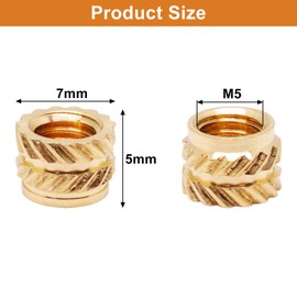SWZHAI M5 Threaded Inserts, M5 x L5 x D7 Female Thread Metric Knurled Nuts Brass Threaded Inserts for Plastic and 3D Printing Components, Insert by Heat into Plastic Parts (50 Pack)