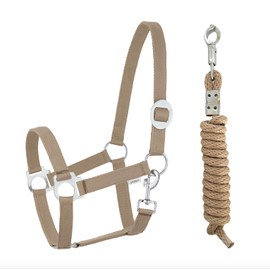 Halter Lead Rope Set with Panic Hook Adjustable Horse Halter Horse Wooden Horse Tie Rope (Panic Hook Khaki, Pony)