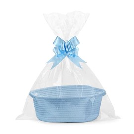 Hojalis Gift Basket, Woven Rope Basket with Cellophane Bags & Pull Bows, Woven Storage Baskets with Handles, Empty Hamper Baskets for Baby Shower, Wedding, Birthday, Easter, Christmas(Blue)