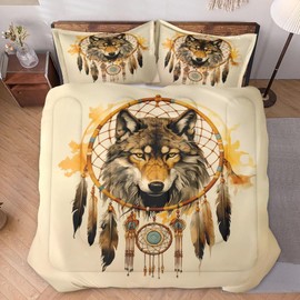 WeCozy Queen Size Comforter Set with 2 Pillowcases, Colorful Tribal Wolf 3 Pcs Bedding for Kids and Adults, American Boho Feather Dog Soft Comforter Set for Bedroom Bed Decor