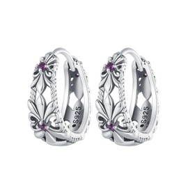 Rockyu Allure Women's Silver Vintage Flower Motif Hoop Earrings, Antique Style, Hypoallergenic Metal, Stylish, Gift, 925 Sterling Silver Silver oxide, purple crystal