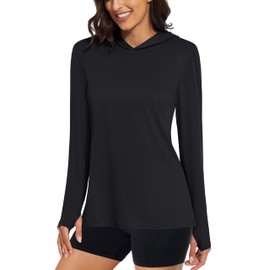 MAGCOMSEN Women's Rash Guard Shirts UPF 50+ Long Sleeve Sun Protection Hooded Shirts Moisture Wicking Rash Guard Black M