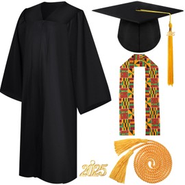 Syhood 7 Pcs 2025 Unisex Black Graduation Matte Gown Cap Tassel African Kente Mexican Stole Set Honor Cord for Black Girl Boy(Size 45,African Kente)