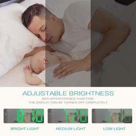 ORIA Digital Alarm Clock, 6.5inch Colorful LED Alarm Clock, Alarm Desk Clock for Bedroom with Snooze, USB Charging Ports, 3 Adjustable Brightness for Home, Office - White Case+Green Digit