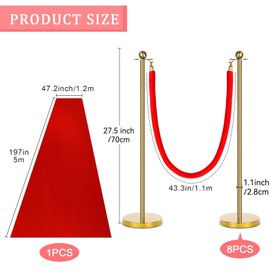 8 Set Red Carpet Party Runner with Poles 27. 5 Inch Poles and Velvet Ropes with 3. 95 x 16. 5ft Red Aisle Runway Rug for Movie Night Party Christmas Wedding Decoration(Gold)