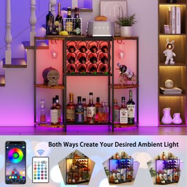 JKsmart Wine Bar Cabinet with LED Lights, Mini Wine Rack with Storage and Glass Holder, Home Mini Bar Cabinet for Liquor, 3-Tier Coffee Bar Storage for Kitchen, Dining Room, Living Room, Rustic Brown