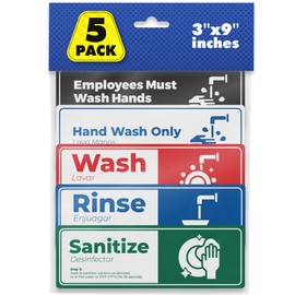 Pixelverse Design 5 Pack Wash Rinse Sanitize Sink Labels - 3"x9", Waterproof Sticker Signs, 3 Compartment Sink Labels - Restaurant Supplies, Food Truck, Dishwashing Wash Station