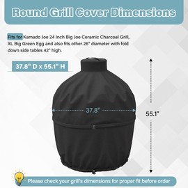 Grill Cover for Kamado Joe Big Joe 24 Inch Ceramic Charcoal Grill, Outdoor Waterproof Heavy Duty Adjustable Black Grill Cover for Extra Large Big Green Egg and Other Round Smokers, 37.8" Dia x 55.1" H