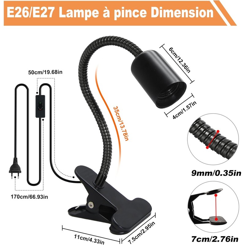 E27 Clamp Lamp, 2 Pack Bedside Lamp, E27 Socket with
