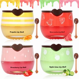 4 PCS Bee Lip Balm Lip Mask Honey Pot, Honey & Strawberry & Watermelon & Apple Lime Lip Sleeping Mask Propolis Moisturizing Lip Balm with Stick, Hydrating Prevention Dry & Cracked