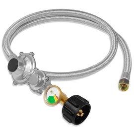 5FT Two Stage Propane Regulator Hose - Stainless Steel Braided LP Gas Hose with Gauge & QCC1/Type1 Connector, 3/8" Female Flare Nut for RV, Gas Grill, Fire Pit & Outdoor Appliances (CSA Certified)