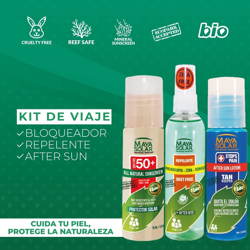 Maya Solar Kit Vacaciones Perfectas: Bloqueador, Repelente Premium y Crema