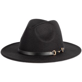 Verabella Fedora Hats for Women Winter Classic Wool Fedora Panama Hat with Belt Buckle,Black L/XL