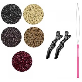 Micro Rings/Links/Beads for Hair Extensions, 4.0 x 2.8 x 2.8 cm, 5 Colours, 15g/Jar, Hook Needle, 2 Crocodile Hair Clips