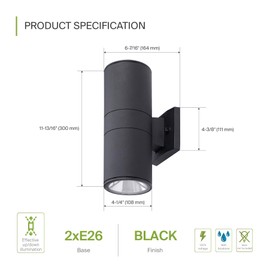 ASD 2 Light Outdoor Wall Light Fixture | 120W E26 Bulb Socket 120V ETL Cylinder Up Down Lights | LED/CFL/Incandescent Bulb Exterior Wall Sconce | Front Door, Porch, Patio Lighting | Black, 2 Pack