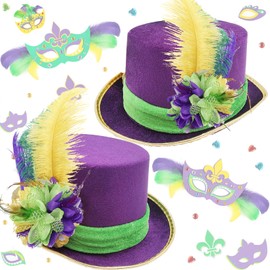 Bdecoll 2 Pack Mardi Gras Costume Hats with Purple Green Feathers, Venetian Masquerade Mardi Gras Hat for Masquerade Party, Carnival