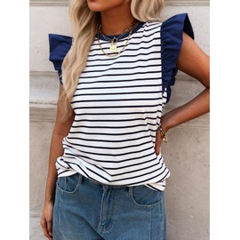 Mieazom Women's Ruffle Cap Short Sleeve Striped T Shirts Summer Casual Loose Fit Top Basic Tee Tunic Tops Navy S