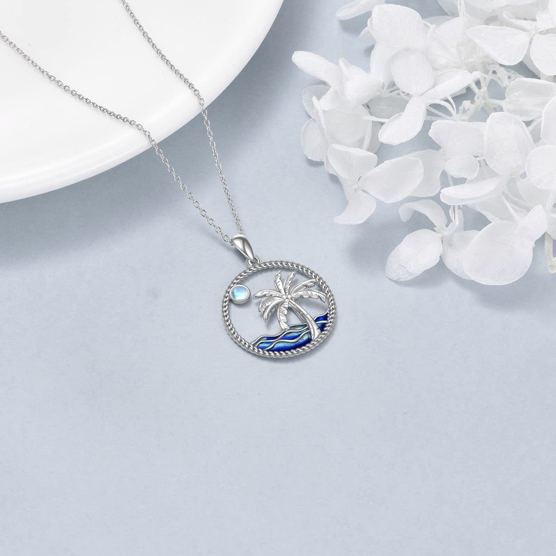 POPLYKE Palm Tree Necklace Sterling Silver Moonstone Ocean Wave Beach