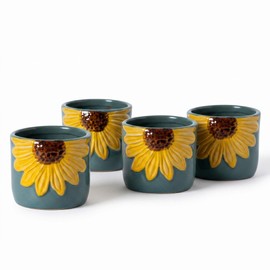 GABROC Sunflower Espresso Cups Set of 4-5 Oz Demitasse Blue Mugs