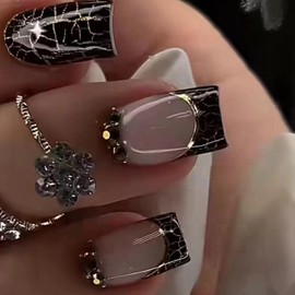 MIXFOSASHN Press on Nails French Tip Medium Square Fake Nails Nude & Black False Nails wiith Designs Metallic Border Glossy Full Cover Glue on Nails Stick on Nails Acrylic Nails for Women Girls 24 Pcs