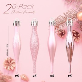 Sea Team 20-Pack Christmas Droplet Ornaments with Strings, 85mm/3.35" Baubles, Shatterproof Plastic Christmas Bulbs, Hanging Decorations for Xmas Tree, Holiday, Wedding, Party, Pink