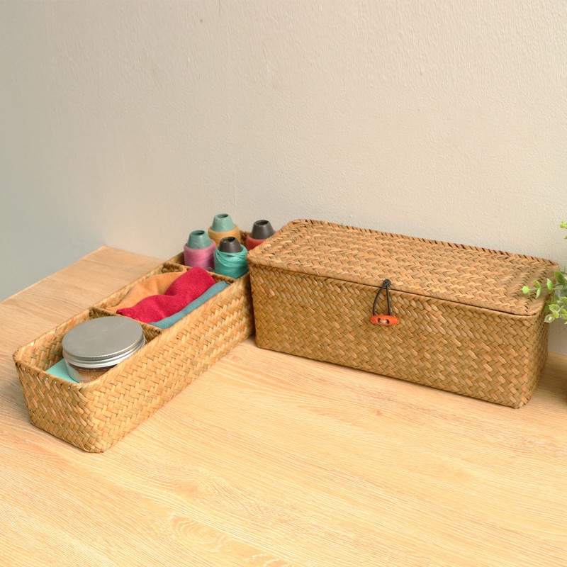 FEILANDUO 3-Section Seagrass Storage Basket with Lid Hand Woven Small