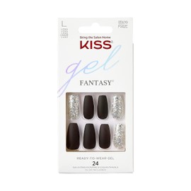 KISS Gel Fantasy "A Whole New World" Black/Silver Long Almond Coffin Shape - 28 Salon Quality Press On Art Nails for Sticking, DIY, 2g Nail Glue, 1 Manicure Stick, 1 Mini File