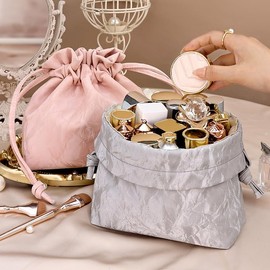 TAVBAGVSK New Chinese Style Drawstring Makeup Bag Portable Cosmetic Bag Large Capacity Travel Toiletry Bag Drawstring Makeup Pouch for Women and Girls