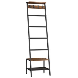 HOOBRO Blanket Ladder, 7-Tier Giraffe Shape Towel Rack for Living Room and Bedroom, 63.4" H Decorative Ladder Shelf with Hooks, Metal Frame, Industrial Style, Rustic Brown and Black BF13CJ01