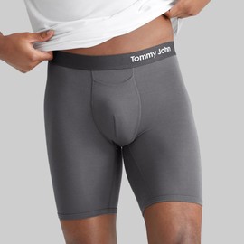 Tommy John Men’s Underwear, Cool Cotton Boxer Briefs with Contour Pouch and Longer 8" Inseam, Comfortable, Breathable Fabric Underwear for Men, Mesh Quick Dry, 3 Pack (Black/Iron Grey/Navy/Medium)