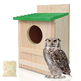 Screech Owl House, Owl Bird Box Large Handmade Wooden Circular Opening Screech Box for Outside with Mounting Screws and A Bag of Wood Shavings, Easy Assembly Required