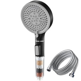 TLHWIN Wassersparender Duschkopf,Handbrause Filter Mineralsteinen und 5 Strahlarten, Druckerhöhende Duschbrause mit 3-Lagen-Filtration und zusätzlichen Steinen, Weiß,Gebürstet (Black)