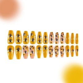 24 Pcs Medium Long Press on Nails 3D Fake Nails with Glue Yellow Coffin Shape False Nails 3D Bee Flower Nails Design Spring Reusable Nails Easy Apply Acrylic Nails Press ons for Women Cute Nails