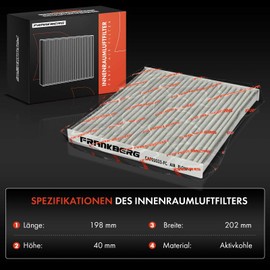 Frankberg 2x Cabin Air Filter Pollen Filter with Activated Carbon Compatible with Auri.s E15 Avensi.s T25 Coroll.a E12 Coroll.a Verso E12 R1 ZER,ZZE12 Replace# 08974-00850