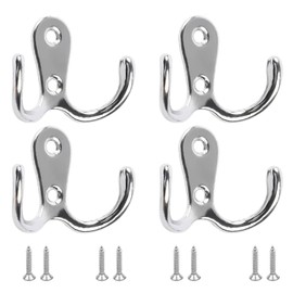 4 Pcs Double Prong Coat Hook Robe Hooks Hanging with 8 PCS Screws Chrome, Retro Silver Coat Hooks for Hanging Hat Clothes Towel Metal Retro Cloth Hanger Silver for Bedroom Bathroom Kitchen