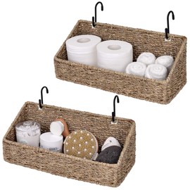 StorageWorks Woven Wall Baskets for Storage, Seagrass Baskets for Shelf, Wall Storage for Kitchen and Bathroom, Hanging Baskets for Organizing, 2 Pack