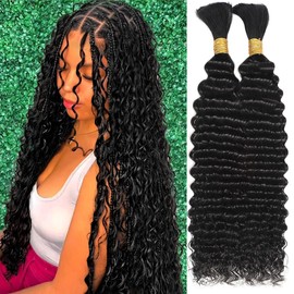 Human Braiding Hair for Boho Braids Deep Water Wave Bulk Human Hair 110g 16 Inch Curly Hair for Boho Braids Extensions No Weft 12A Wet and Wavy Human Hair Braiding Hair 2 Bundles/Pack Natural Color