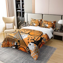 jejeloiu Basketball Print Sports Theme Bedding 100% Cotton Set 3D Ball Games Duvet Cover 100% Cotton for Boys Girls Children Teens Bedroom Decor Yellow Basketball Player Duvet Set Twin Size Zipper