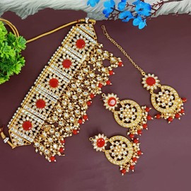 Efulgenz Indian Jewelry Set Red Traditional Kundan Stone Faux Pearl Charms Choker Necklace Earrings Maang Tikka Bollywood Wedding Bridal Set Jewelry for Women