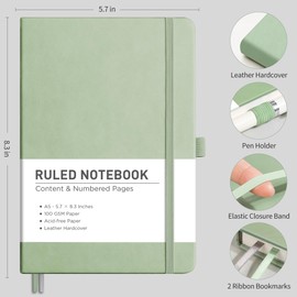 RETTACY Notebook Lined A5, Journal Diary with 192 Numbered Pages, 100 gsm Notebooks, Inner Pocket, Hardcover Book for Office, School, Work, Women, Men, 14.8 x 21 cm - Light Green