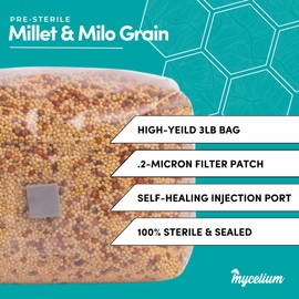 Mycelium Sterilized 3 LB Mushroom Grain Spawn Bag | Organic 60/40 Millet & Milo Blend for Fast Growth & High-Yield | |Ready-To-Use with Self-Healing Injection Port & Cultivation Enhancer | Made in USA