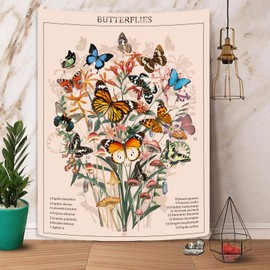 AMM Butterfly Vintage Floral Tapestry Wall Hanging - Colorful Retro Art Aesthetic for Bedroom, Dorm, Living Room (Pink, 44'' 60'')