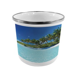 Ambesonne Ocean Steel Camping Mug, Relaxing Beach Resort Spa Palm Trees and Sea Exotic Caribbean Coastline, Printed Thermal Cup for Camping and Outdoor Activities, Turquoise Blue Green