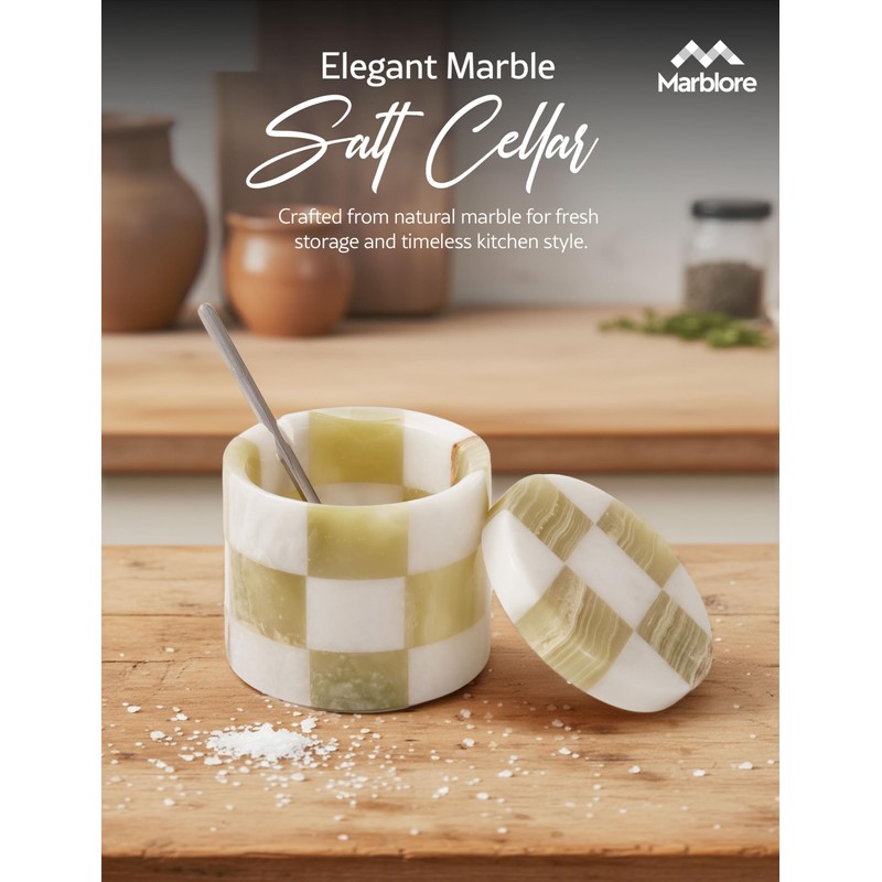 MARBLORE Marble Salt Cellar with Lid & Spoon, White &