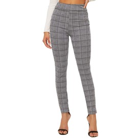 SweatyRocks Women's Casual Skinny Leggings Stretchy High Waisted Work Pants Black White Plaid Medium