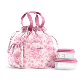Fit & Fresh Cromwell Drawstring Lunch Bag for Women, Complete Lunch Set with 2 Containers, Stain-Resistant, Leak-Resistant, Back to School Essential, Teacher Lunchbox, Pink Floral Toile