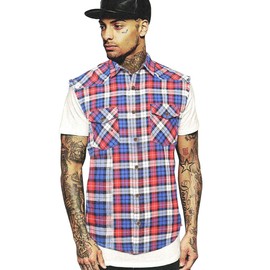 NUTEXROL Men's Casual Flannel Plaid Shirt Sleeveless Cotton Plus Size Vest Red&blue&white X-Large