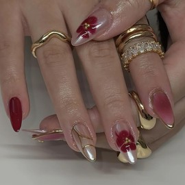 Jremg Red Flower Press on Nails Medium Almond Shape Fake Nails 3D Gold Gilding False Nail Reusable Glossy Pink Gradient Silver Chrome Glue on Nails for Women 24Pcs