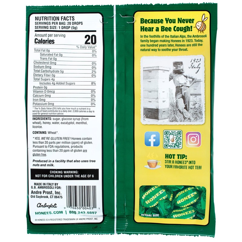 Honees Honey Menthol Cough Drops - 20-Piece, Single Pack Honey-Filled